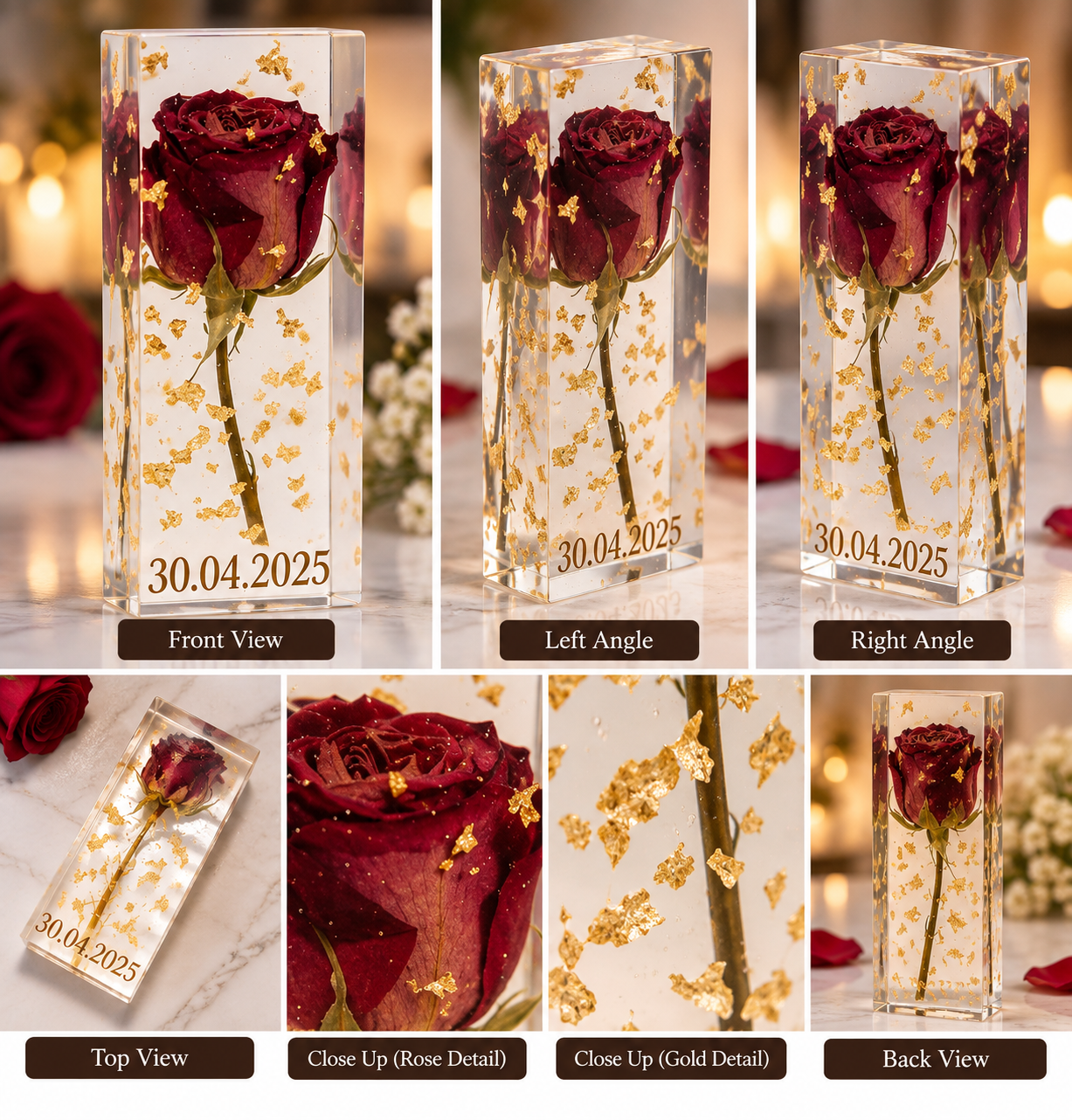 Front, side and close-up views of a rose preserved in clear resin with gold accents