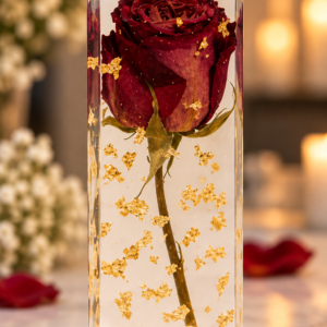 A red rose preserved in a clear resin block with gold accents and a personalised date