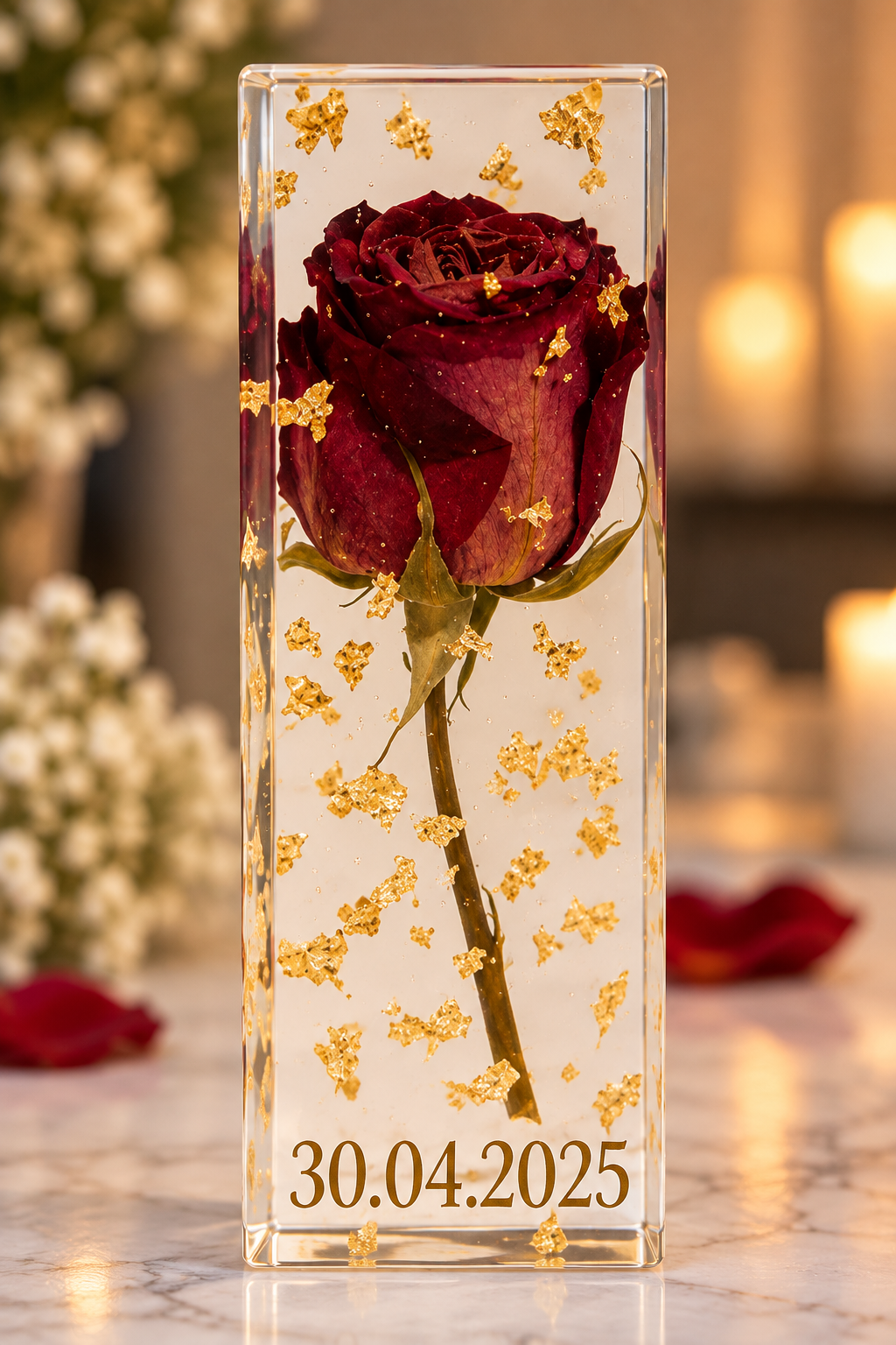 A red rose preserved in a clear resin block with gold accents and a personalised date