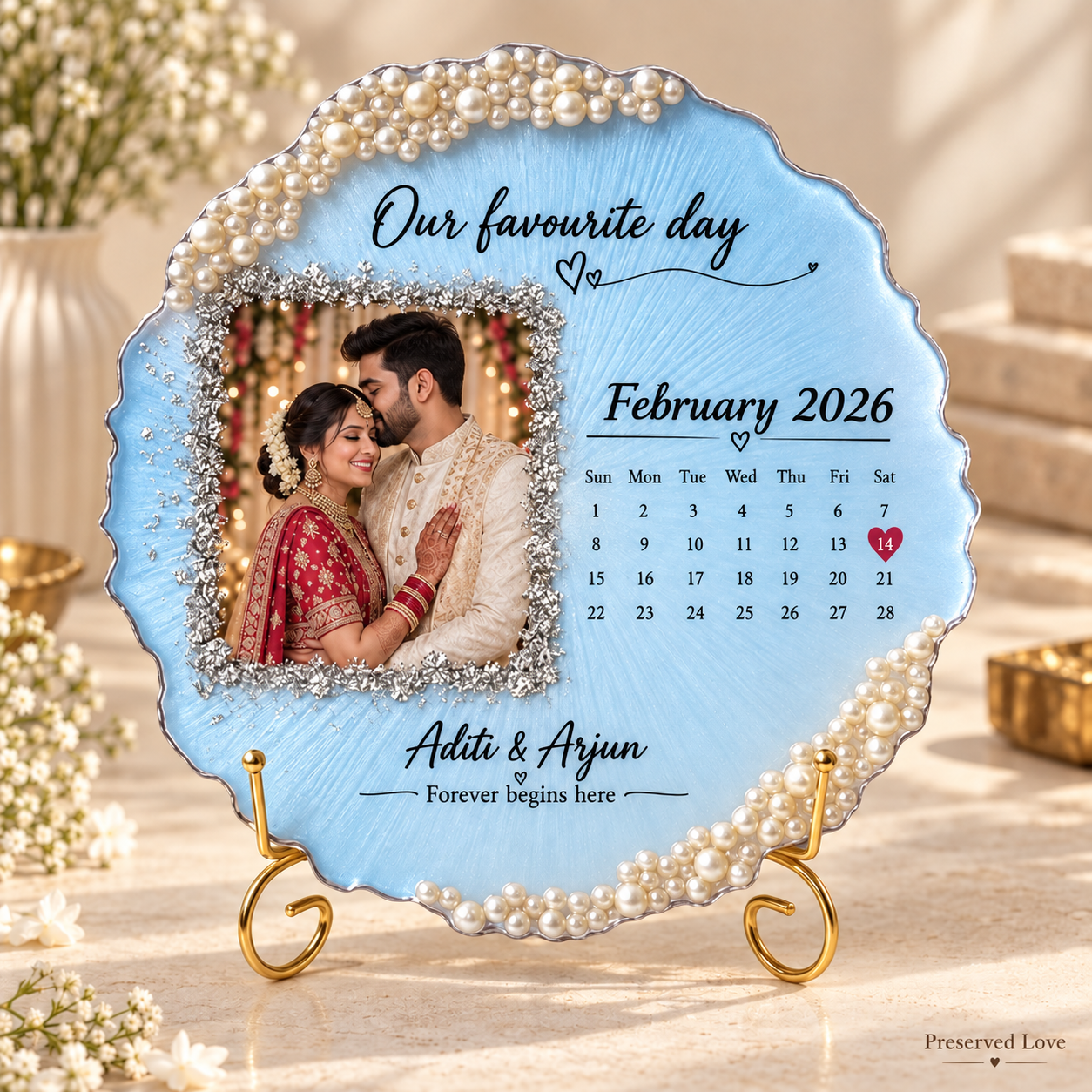 Illustrative blue pearl resin calendar photo frame by Preserved Love