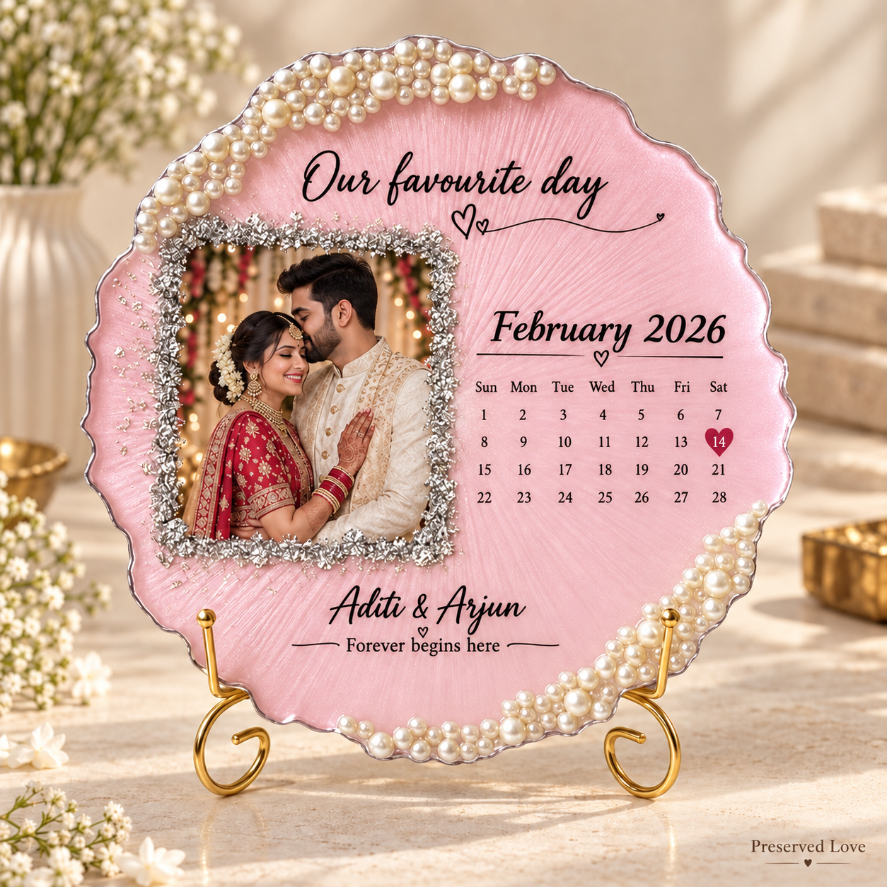 Illustrative pink pearl resin calendar photo frame by Preserved Love