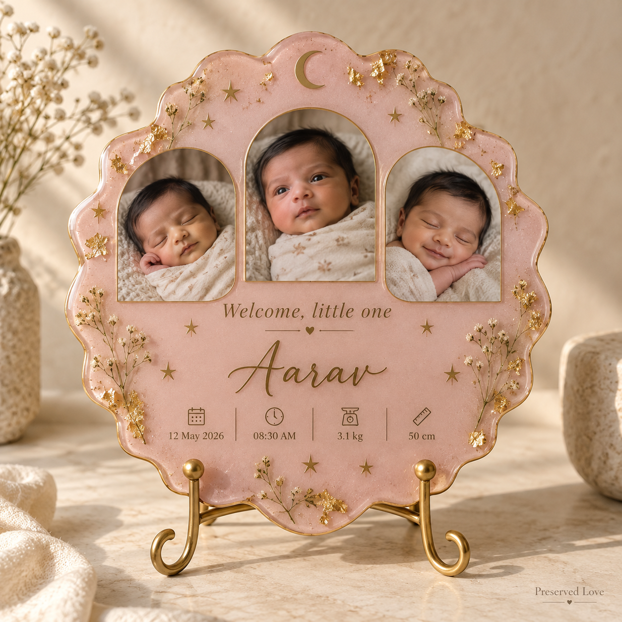 Personalized Baby Birth Details Resin Frame — illustrative Preserved Love design preview