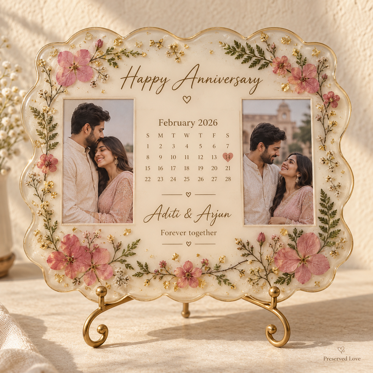 Floral Calendar & Photo Resin Frame — illustrative Preserved Love design preview